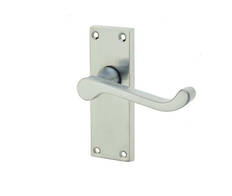 High quality image of Frelan - Victorian Scroll Door Handle on Short Latchset Plate Satin Chrome Sku. JV11SC