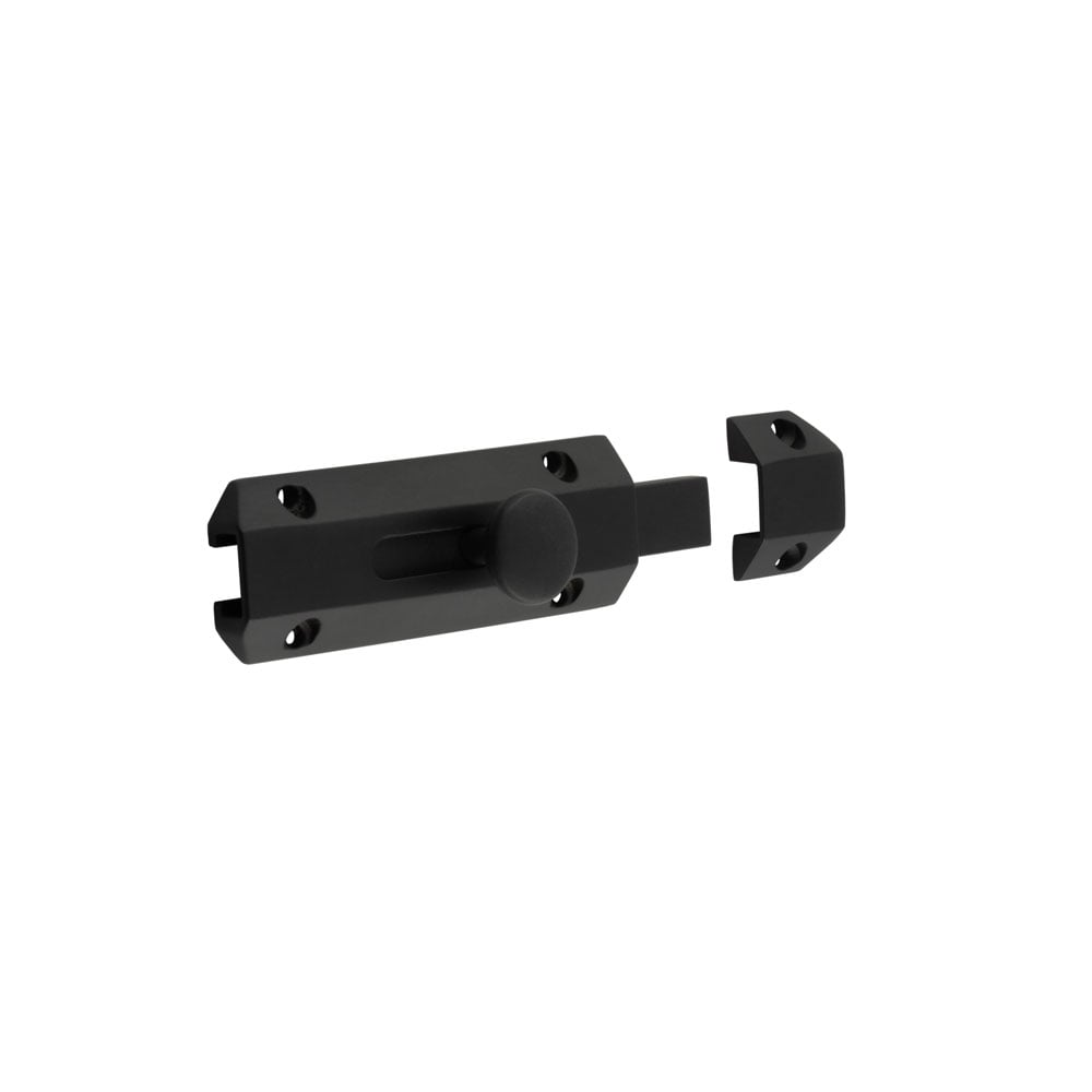 This is an image showing the Frelan - Jedo Architectural Slide Door Bolts 100x35mm Matt Black available to order from Trade Door Handles in Kendal