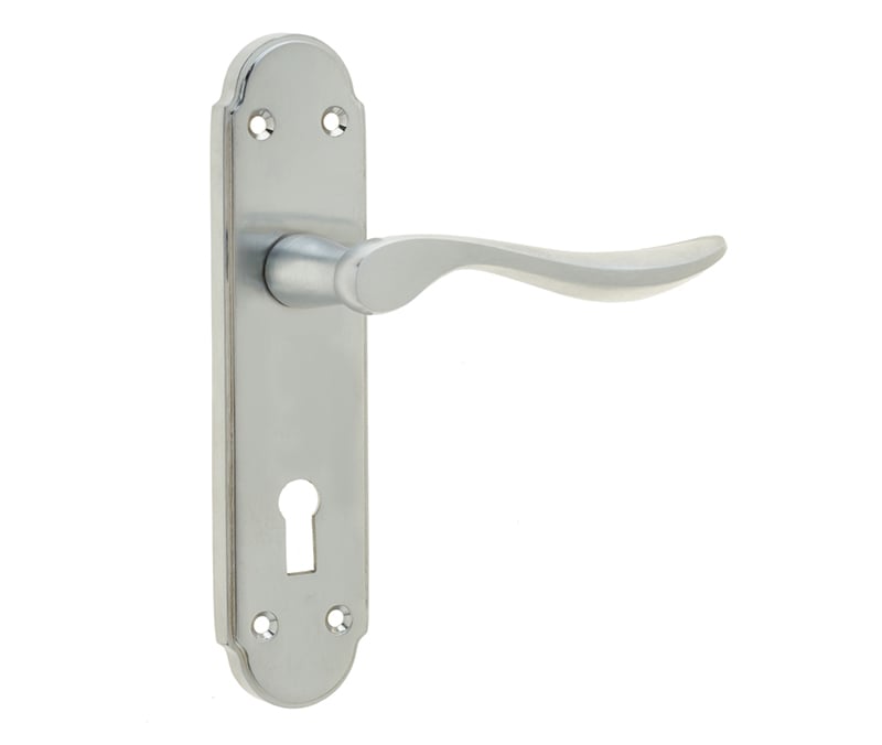 This is an image showing the Frelan - Henley Standard Lever Lock Handles on Backplate - Satin Chrome available to order from Trade Door Handles in Kendal