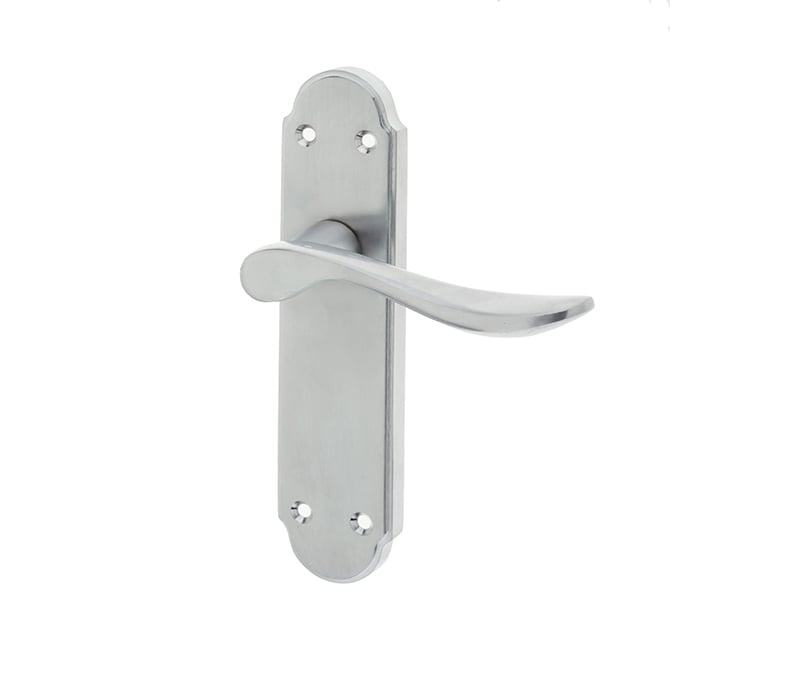 This is an image showing the Frelan - Henley Lever Latch Handles on Backplate - Satin Chrome available to order from Trade Door Handles in Kendal