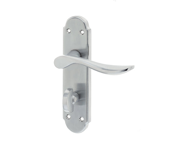 High quality image of Frelan - Henley Suite Door Handle on Bathroom Plate Satin Chrome Sku. JV193SC