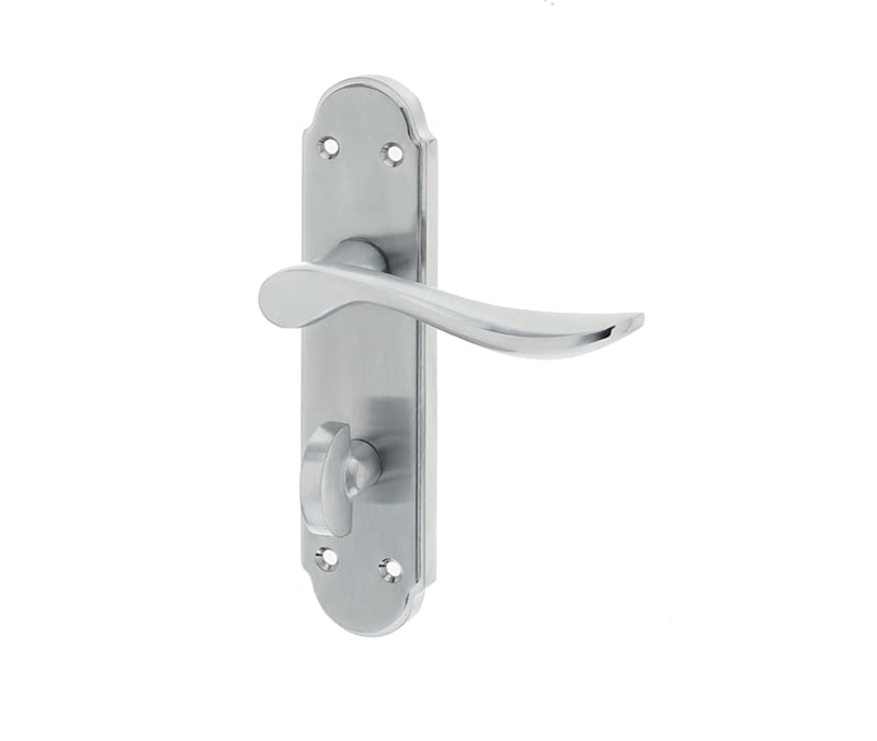 This is an image showing the Frelan - Henley Bathroom Lock Handles on Backplate - Satin Chrome available to order from Trade Door Handles in Kendal