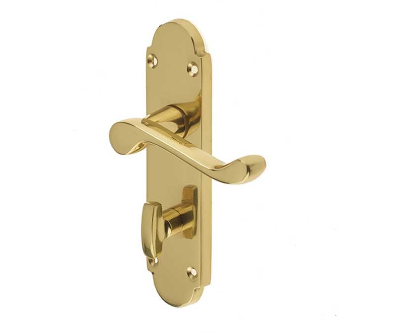 This is an image showing the Frelan - Epsom Bathroom Lock Handles on Backplates - Polished Brass available to order from Trade Door Handles in Kendal