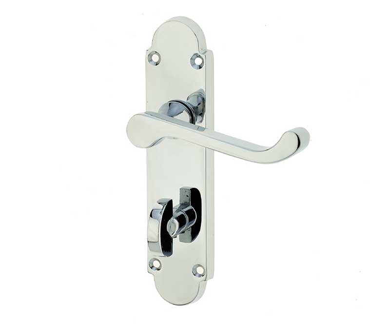 This is an image showing the Frelan - Epsom Bathroom Lock Handles on Backplates - Polished Chrome available to order from Trade Door Handles in Kendal