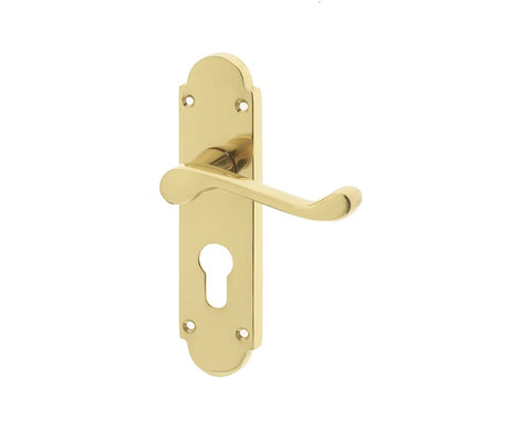 High quality image of Frelan - Epsom Euro Lock Profile Handles on Backplates - Polished Brass | Sku. jv250epb | available to order from Trade Door Handles in Kendal.