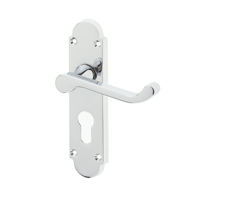 This is an image showing the Frelan - Epsom Euro Lock Profile Handles on Backplates - Polished Chrome available to order from Trade Door Handles in Kendal