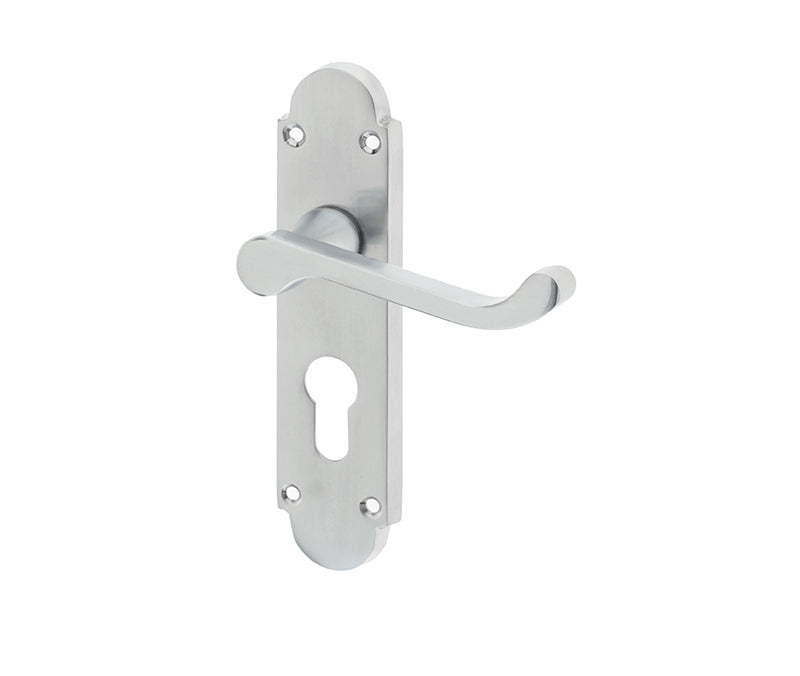 High quality image of Frelan - Epsom Suite Door Handle on Euro Profile Lockplate Satin Chrome Sku. JV250ESC