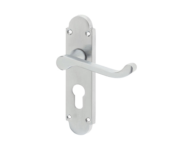 High quality image of Frelan - Epsom Suite Door Handle on Euro Profile Lockplate Satin Chrome Sku. JV250ESC