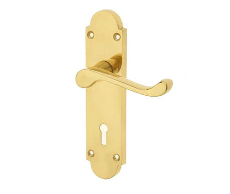 This is an image showing the Frelan - Epsom Standard Lock Handles on Backplates - Polished Brass available to order from Trade Door Handles in Kendal