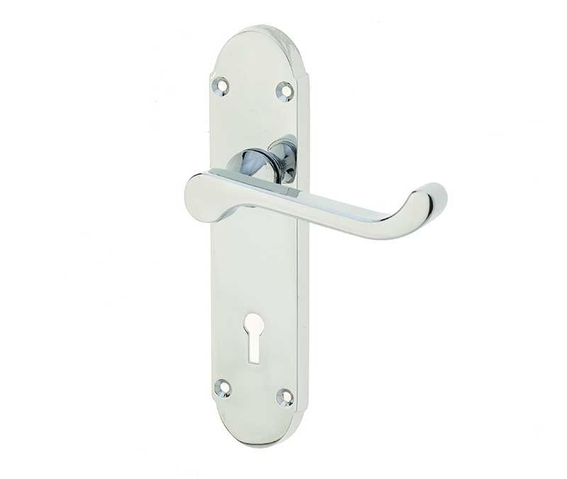 This is an image showing the Frelan - Epsom Standard Lock Handles on Backplates - Polished Chrome available to order from Trade Door Handles in Kendal