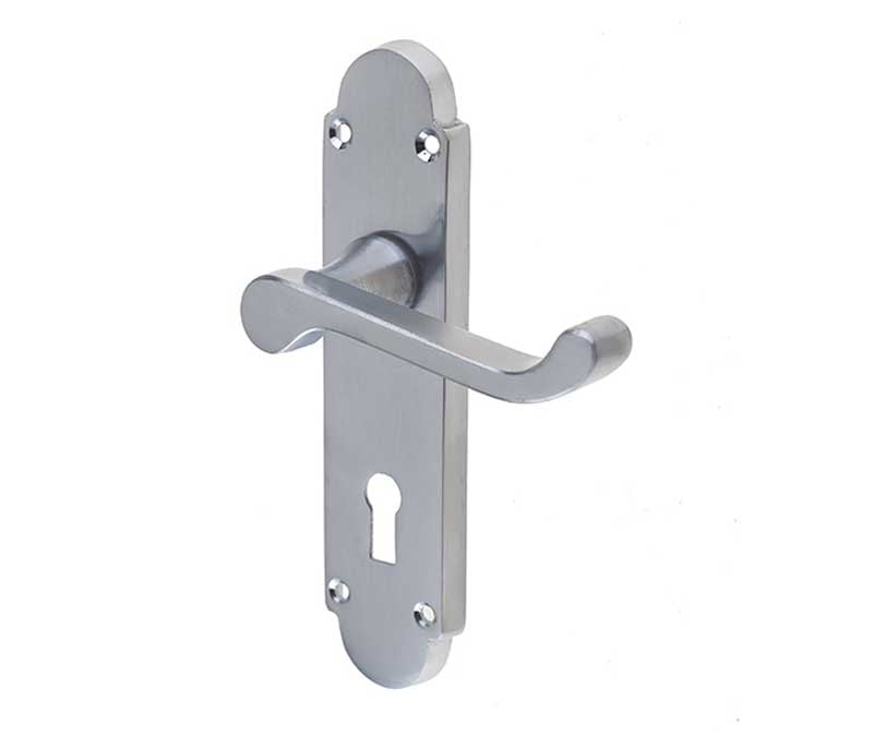 This is an image showing the Frelan - Epsom Standard Lock Handles on Backplates - Satin Chrome available to order from Trade Door Handles in Kendal