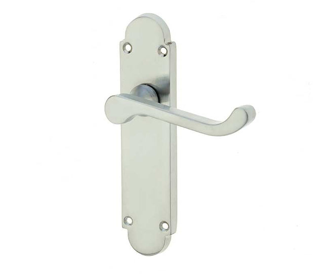 This is an image showing the Frelan - Epsom Lever Latch Handles on Backplates - Satin Chrome available to order from Trade Door Handles in Kendal