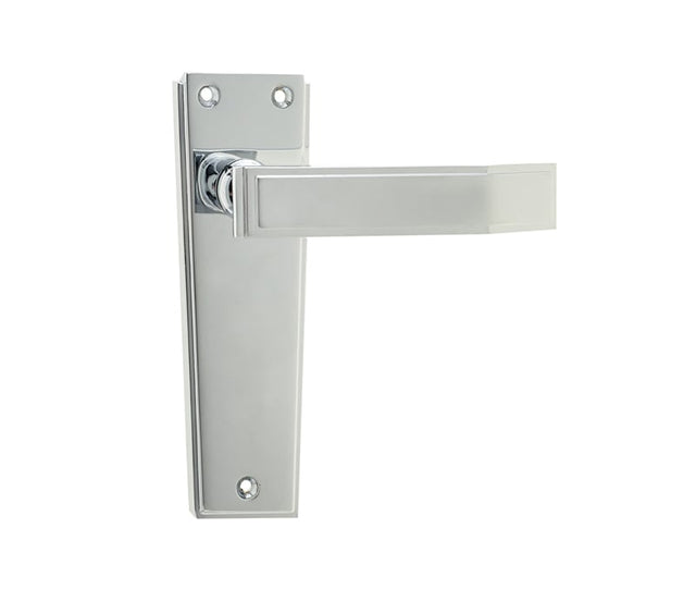 This is an image showing the Frelan - Deco Lever Latch Handles on Backplates - Polished Chrome available to order from Trade Door Handles in Kendal