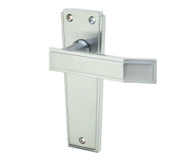 This is an image showing the Frelan - Deco Lever Latch Handles on Backplates - Satin Chrome available to order from Trade Door Handles in Kendal