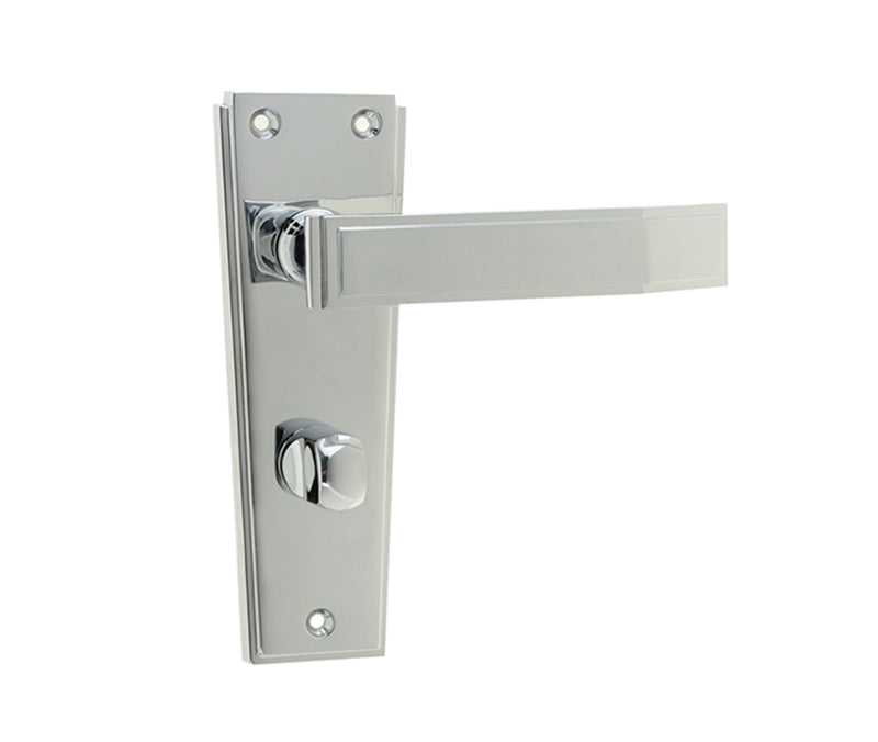 High quality image of Frelan - Deco Door Handle on Bathroom Plate Polished Chrome Sku. JV255PC