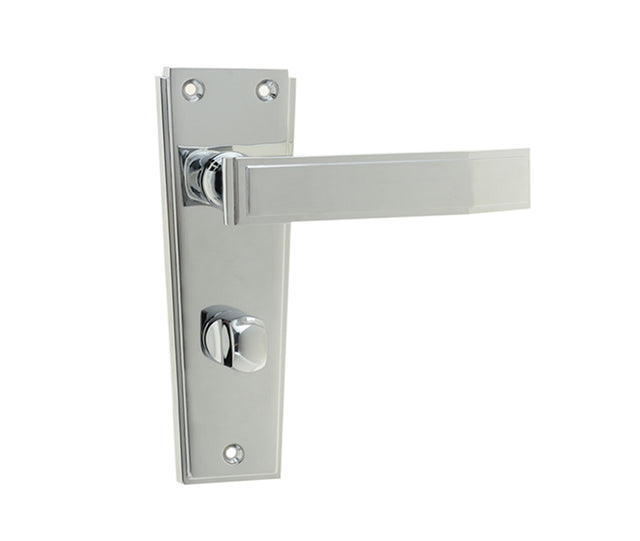 High quality image of Frelan - Deco Door Handle on Bathroom Plate Polished Chrome Sku. JV255PC