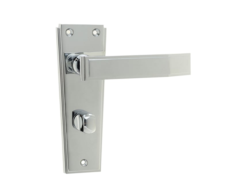 This is an image showing the Frelan - Deco Bathroom Lock Handles on Backplates - Polished Chrome available to order from Trade Door Handles in Kendal