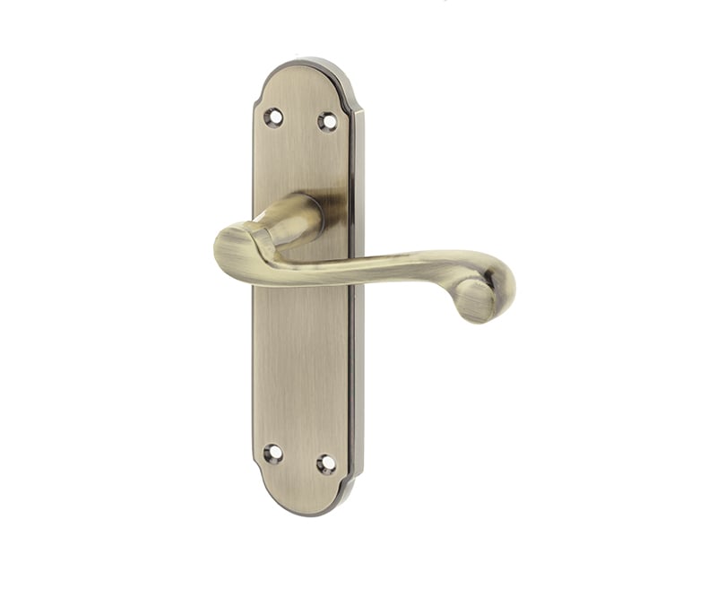 This is an image showing the Frelan - Marlow Lever Latch Handles on Backplate - Antique Brass available to order from Trade Door Handles in Kendal