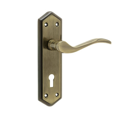 This is an image showing the Frelan - Paris Standard Lever Lock Handles on Backplates - Antique Brass available to order from Trade Door Handles in Kendal