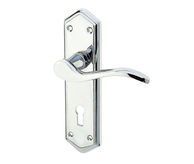 This is an image showing the Frelan - Paris Standard Lever Lock Handles on Backplates - Polished Chrome available to order from Trade Door Handles in Kendal