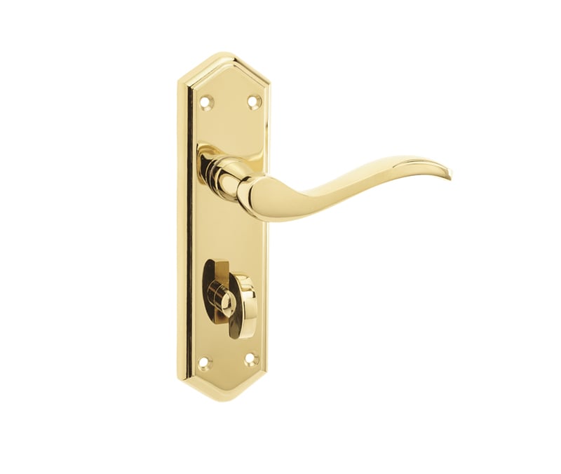 This is an image showing the Frelan - Paris Bathroom Lock Handles on Backplates - PVD Brass available to order from Trade Door Handles in Kendal