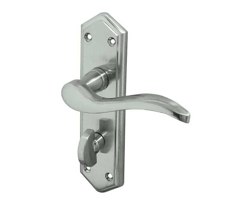 This is an image showing the Frelan - Paris Bathroom Lock Handles on Backplates - Satin Chrome available to order from Trade Door Handles in Kendal