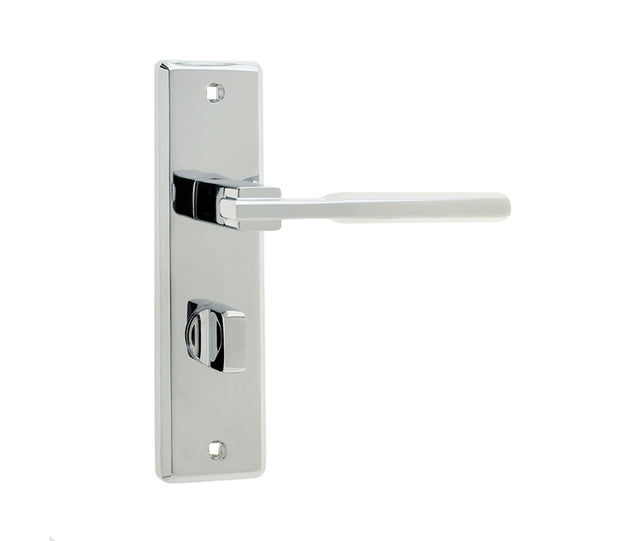 High quality image of Frelan - Delta Suite Door Handles on Bathrooom Plate Polished Chrome Sku. JV3023PC
