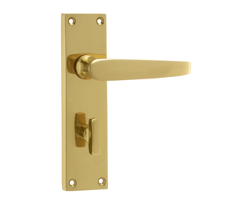 This is an image showing the Frelan - Victorian Straight Door Handle on Bathroom Plate Polished Brass available to order from Trade Door Handles in Kendal