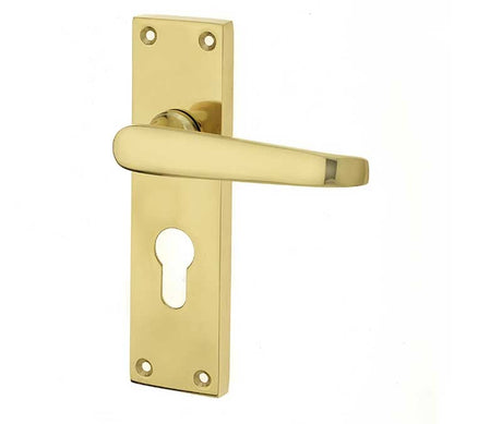 This is an image showing the Frelan - Victorian Straight Door Handles on Euro Profile Lockplate Polished Bras available to order from Trade Door Handles in Kendal