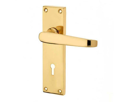 This is an image showing the Frelan - Victorian Straight Door Handle on Lockplate Polished Brass available to order from Trade Door Handles in Kendal