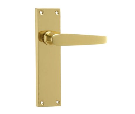 This is an image showing the Frelan - Victorian Straight Door Handles on Long Latchset Plate Polished Brass available to order from Trade Door Handles in Kendal