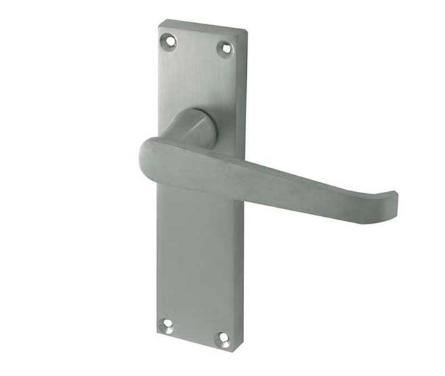 High quality image of Frelan - Victorian Straight Door Handles on Long Latchset Plate Satin Chrome Sku. JV31LSC