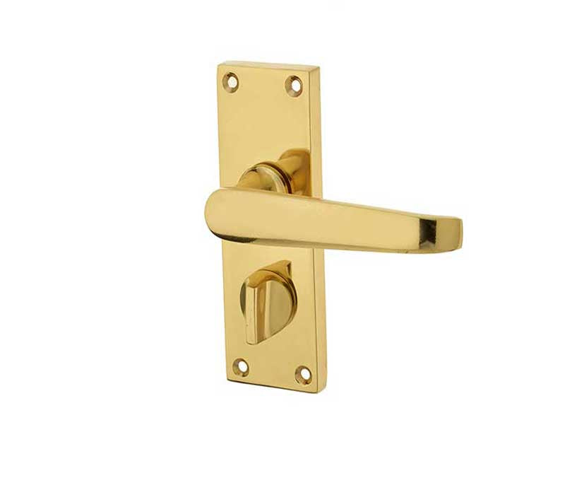 High quality image of Frelan - Victorian Straight Door Handle on Privacy Plate Polished Brass Sku. JV31PRPB