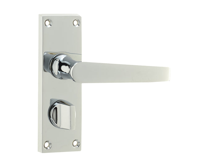 High quality image of Frelan - Victorian Straight Door Handle on Privacy Plate Polished Chrome Sku. JV31PRPC