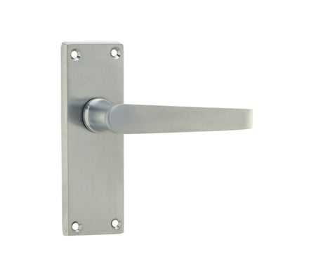 This is an image showing the Frelan - Victorian Straight Door Handle on Short Latchset Plate Satin Chrome available to order from Trade Door Handles in Kendal