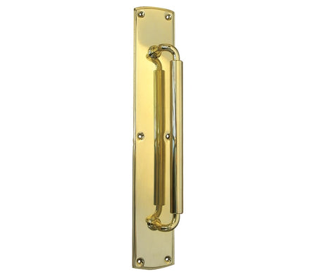 This is an image showing the Frelan - Chatsworth Pull Handle on 75x460mm Back Plate - Polished Brass available to order from Trade Door Handles in Kendal