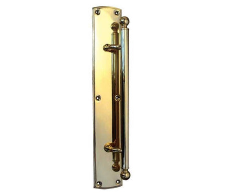 This is an image showing the Frelan - Blenheim Pull Handle on 75x380mm Back Plate - Polished Brass available to order from Trade Door Handles in Kendal