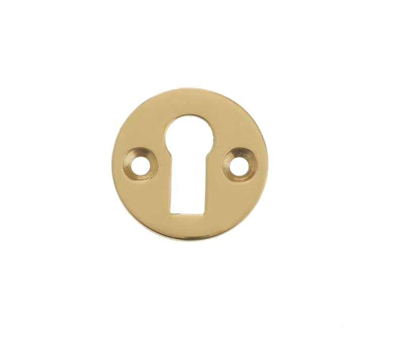 This is an image showing the Frelan - Round Open Escutcheon Standard Keyway - Polished Brass available to order from Trade Door Handles in Kendal