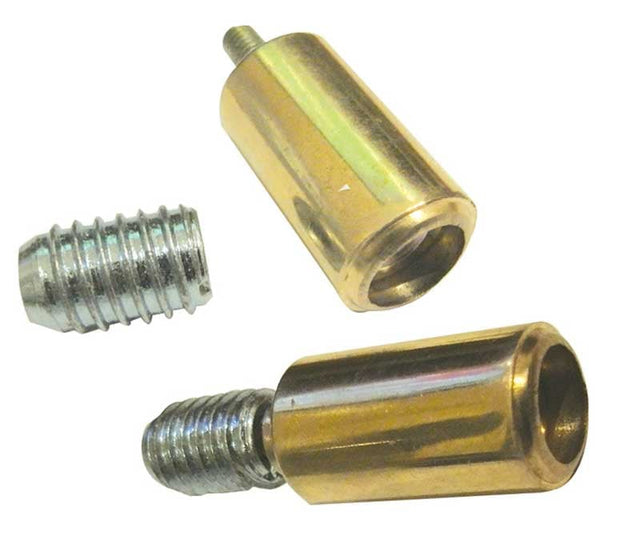 This is an image showing the Frelan - Locking Sash Stops c/w 4 x Screws & 2 Barrels - Polished Brass available to order from Trade Door Handles in Kendal