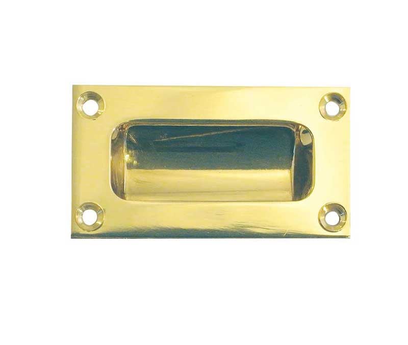 This is an image showing the Frelan - 89x42mm Flush Pull - Polished Brass available to order from Trade Door Handles in Kendal