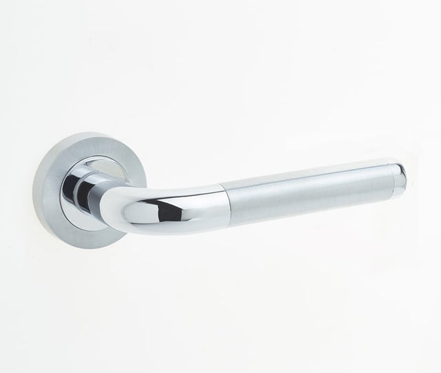 This is an image showing the Frelan - Twin Levers on Round Rose - Polished Chrome/Satin Chrome available to order from Trade Door Handles in Kendal