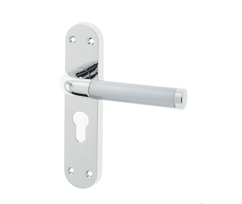 High quality image of Frelan - Twin Suite Door Handle on Euro Profile Lockplate Polished Chrome/Satin Chrome Sku. JV431EPCSC