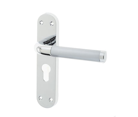 High quality image of Frelan - Twin Euro Profile Lock Handles on Backplates - Polished Chrome/Satin Ch | Sku. jv431epcsc | available to order from Trade Door Handles in Kendal.