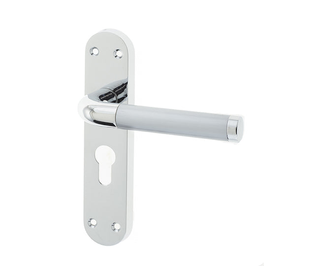 High quality image of Frelan - Twin Suite Door Handle on Euro Profile Lockplate Polished Chrome/Satin Chrome Sku. JV431EPCSC