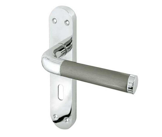 This is an image showing the Frelan - Twin Standard Lever Lock Handles on Backplates - Polished Chrome/Satin available to order from Trade Door Handles in Kendal