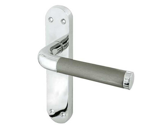 This is an image showing the Frelan - Twin Lever Latch Handles on Backplates - Polished Chrome/Satin Chrome available to order from Trade Door Handles in Kendal