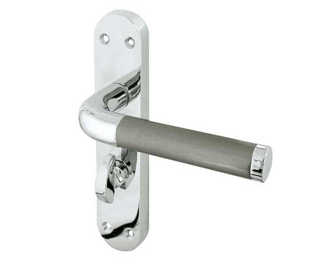 This is an image showing the Frelan - Twin Bathroom Lock Handles on Backplates - Polished Chrome/Satin Chrome available to order from Trade Door Handles in Kendal