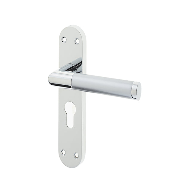 High quality image of Frelan - Mitred Suite Door Handle on Euro Profile Lockplate Polished Chrome/Satin Chrome Sku. JV436EPCSC
