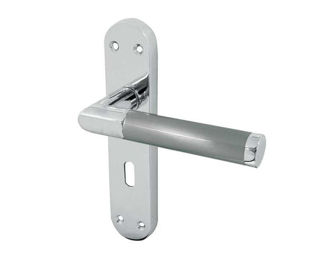 High quality image of Frelan - Mitred Suite Door Handle on Lockplate Polished Chrome/Satin Chrome Sku. JV436PCSC