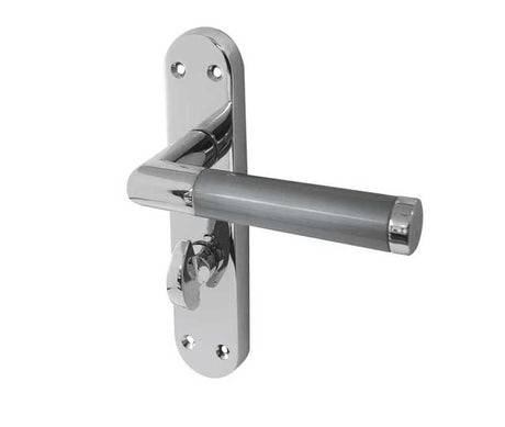 High quality image of Frelan - Mitred Suite Door Handle on Bathroom Plate Polished Chrome/Satin Chrome Sku. JV438PCSC